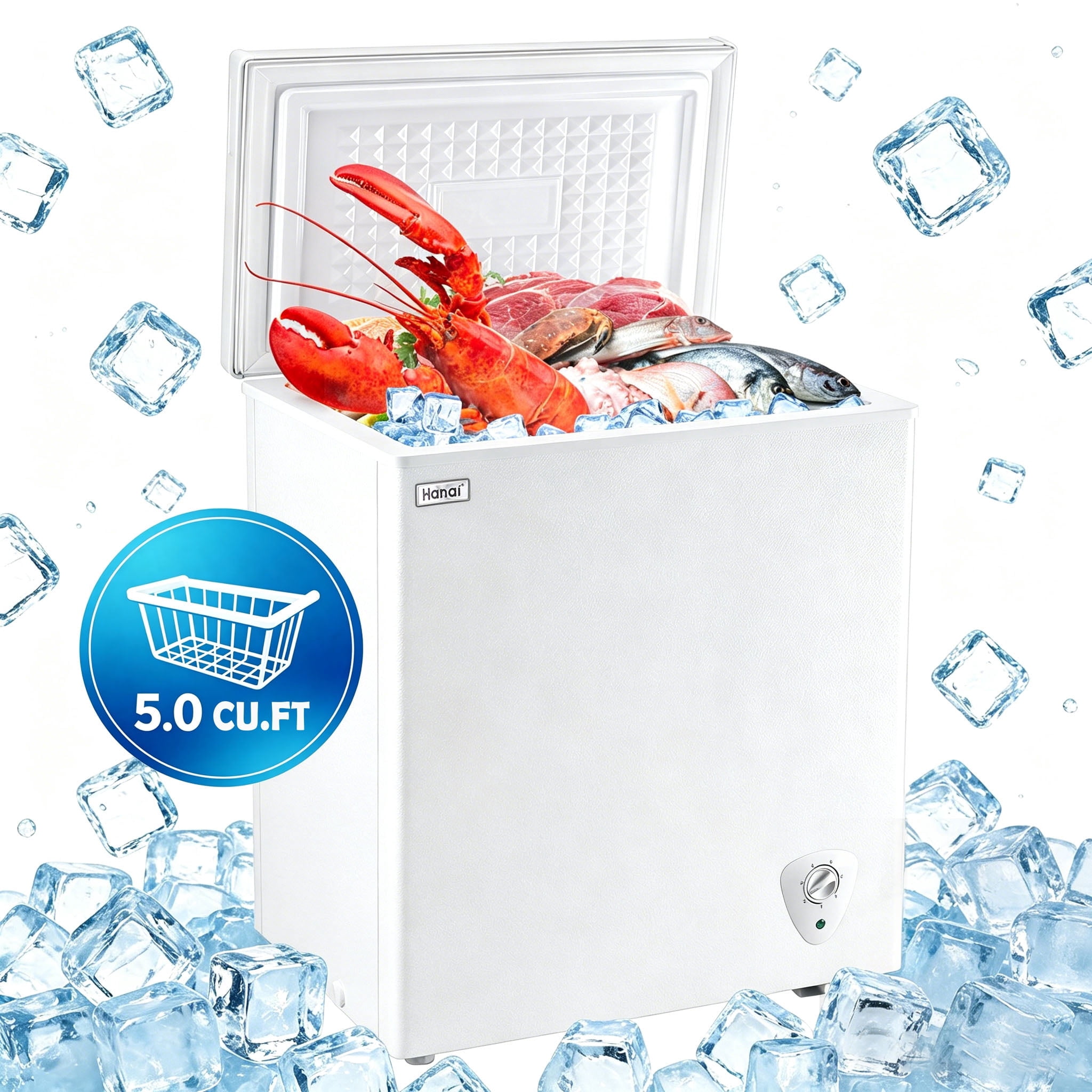 WANAI 5.0 Cu.ft Chest Freezer - Compact Deep Freezer with Top Open Door and Removable Storage Basket for Office Dorm or Apartment,White