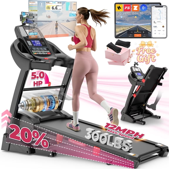 5.0 HP Folding Treadmill with 20-Level Adjustable Incline, 12mph Speed Running Machine,Treadmill 300 lb Capacity, Silent Brushless Motor,71 Preset Training Program Electric Treadmills for Home Use
