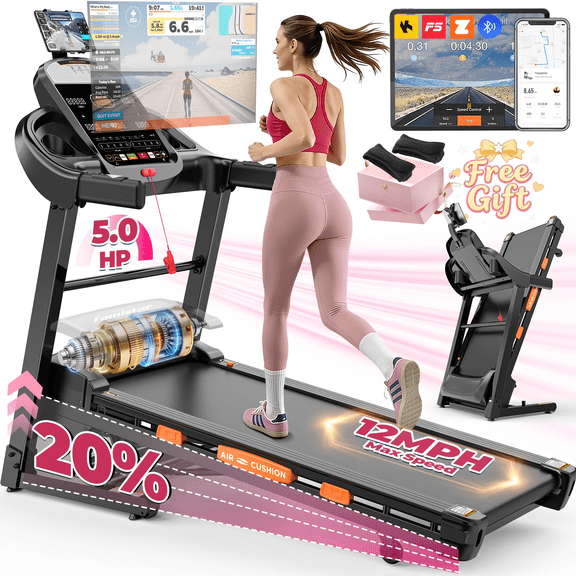 5.0 HP Folding Treadmill with 20-Level Adjustable Incline, 12mph Speed Running Machine,Treadmill 400 lb Capacity, Silent Brushless Motor,105 Preset Training Program Electric Treadmills for Home Use