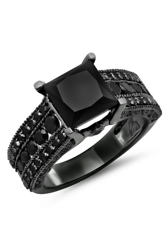 5.00 Carat (ctw) Black Rhodium Plated 10K White Gold Princess & Round Black Diamond Engagement Ring 5 CT