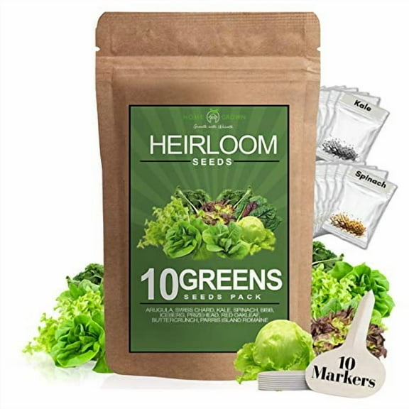 10 Heirloom Lettuce and Leafy Greens Seeds - 1500 Seeds - Non GMO Seeds for Planting - Kale, Spinach, Butter, Oak, Romaine, Iceberg, Bibb, Arugula | Hydroponic Home Vegetable