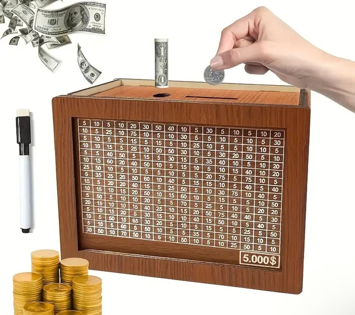 5,000 Savings Challenge Box, Wooden Money box for cash saving, Money Saving Box with Numbers, Cash Vault Wooden Saving Box, Wooden piggy bank with Erasable Pen, Alcancias De Dinero Para Adultos