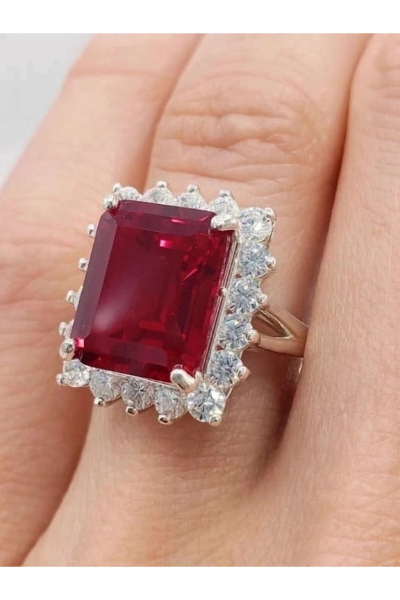5.00Ct Emerald Cut Lab Created Red Ruby Engagement Ring 14K White Gold Plated