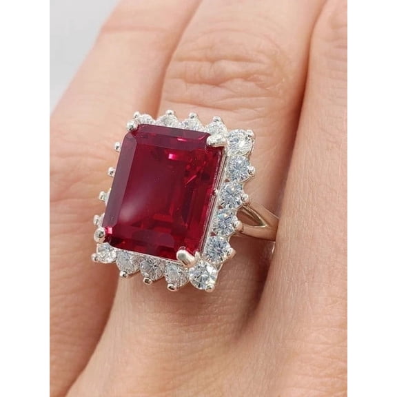 5.00Ct Emerald Cut Lab Created Red Ruby Engagement Ring 14K White Gold Plated