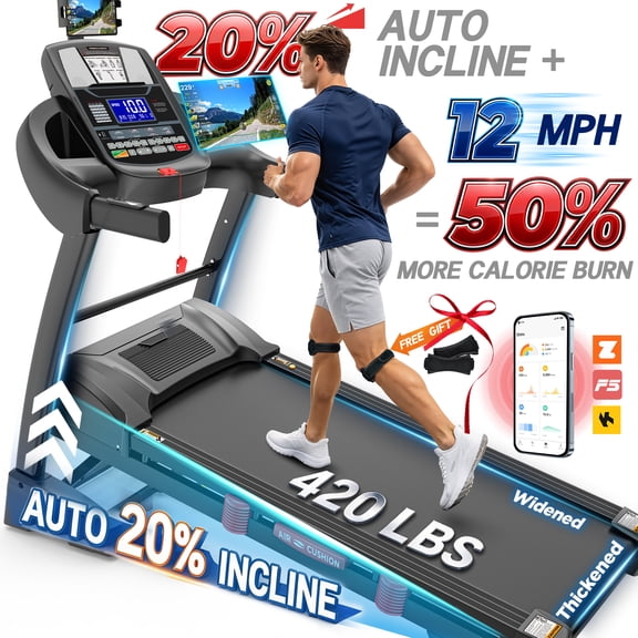 5.05HP 20% Auto Incline Treadmill for Home, 12 MPH 400 lbs Capacity, Portable Foldable Treadmill with 18"x 50"Running Area, HiFi Bluetooth Speaker, APP Control, Running Walking Electric Treadmill