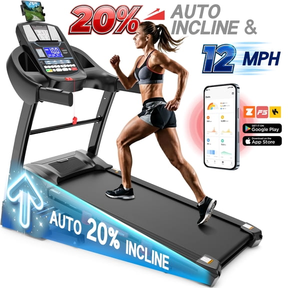 5.05HP 20% Auto Incline Treadmill for Home, 10 MPH 400 lbs Capacity, Portable Foldable Treadmill with 18"x 50"Running Area, HiFi Bluetooth Speaker, APP Control, Running Walking Electric Treadmill