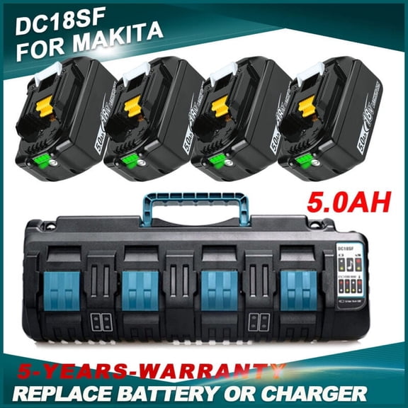 5.0Ah Battery Replacement for Makita 18V Battery Compatible with 18 Volt BL1860B BL1850B BL1840B BL1830B BL1815B 4xBatteries+ DC18SF 18V Lithium-Ion Rapid Optimum 4-Port Charger set