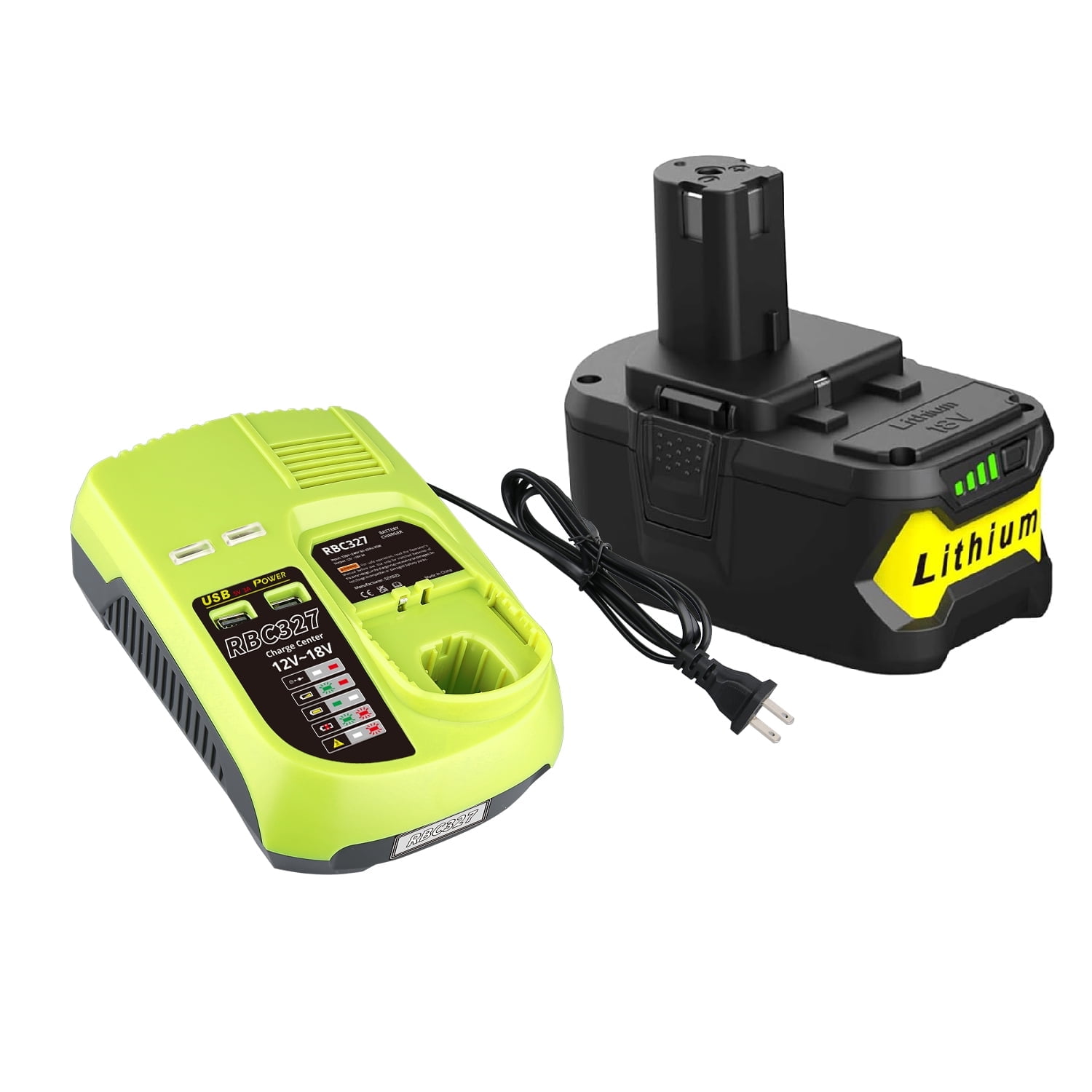 5.0Ah Repacement for Ryobi 18V Battery with P117B Charger Compatible with Ryobi Battery 18V P102 P103 P104 P105 P107 P108 P109 Battery & Charger Kit With USB Port