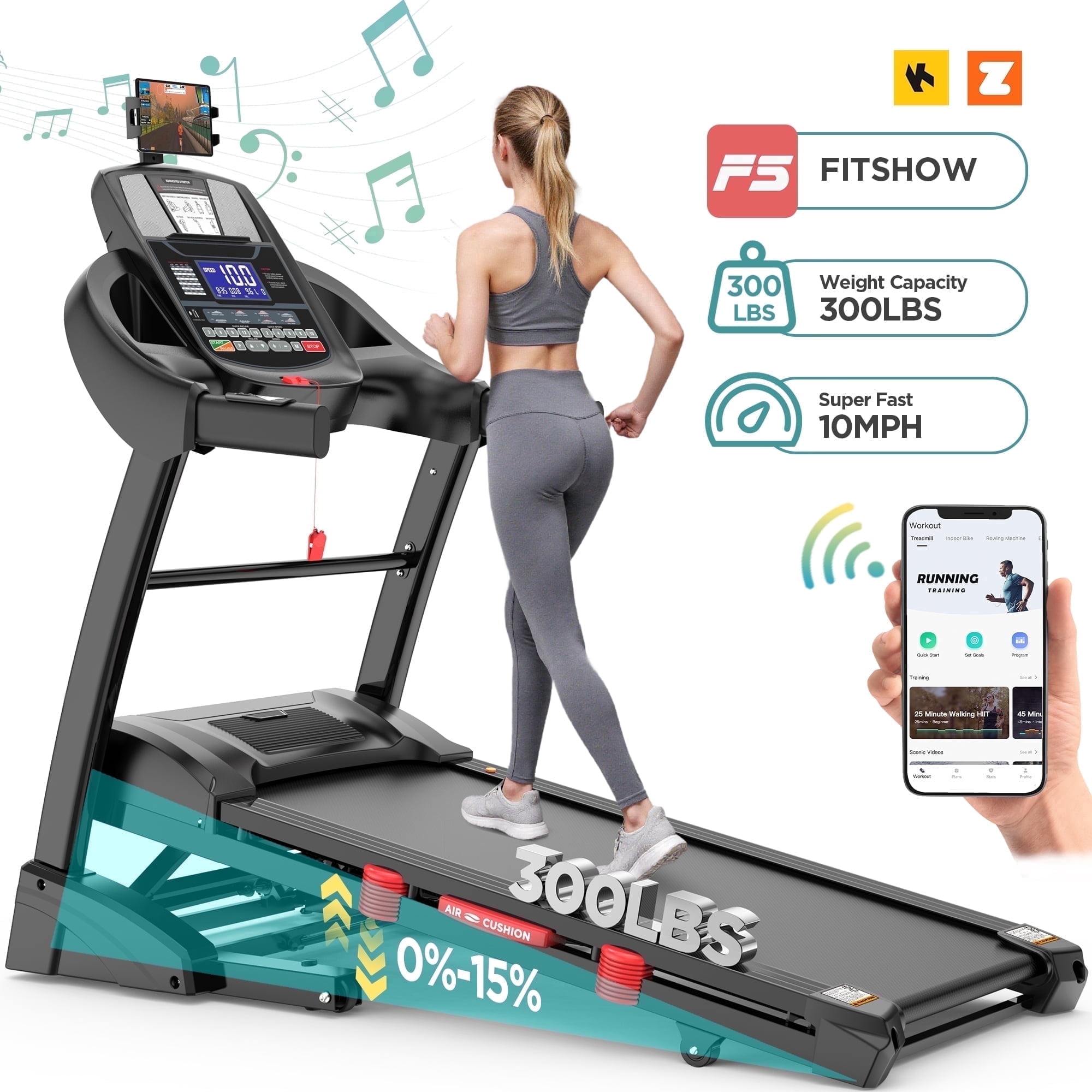 5.0HP Folding Treadmills 300 lbs Capacity, Treadmills for Home Use with 15% Incline, 10MPH Treadmill with APP Control, 71 Programs, Adjustable Tablet Holder, Knee Strap Gift