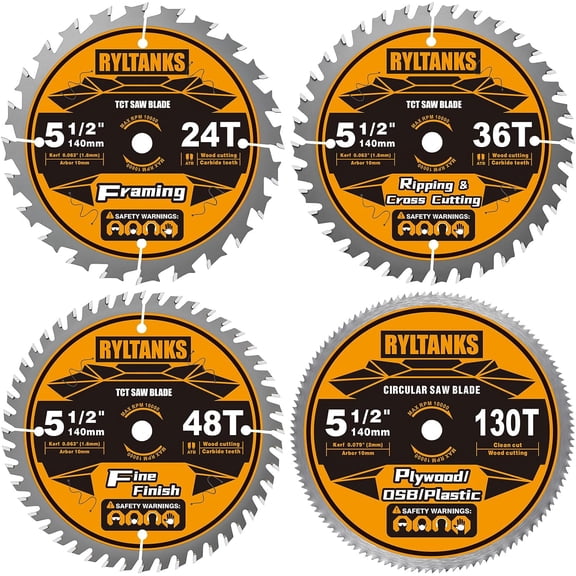 5-1/2 Inch Circular Saw Blades with 10mm Arbor, 24T for Framing&36T for Ripping and Cross Cutting&48T for Fine Finish&130T for Wood/Plywood/OSB/Plastic, 4-Pack