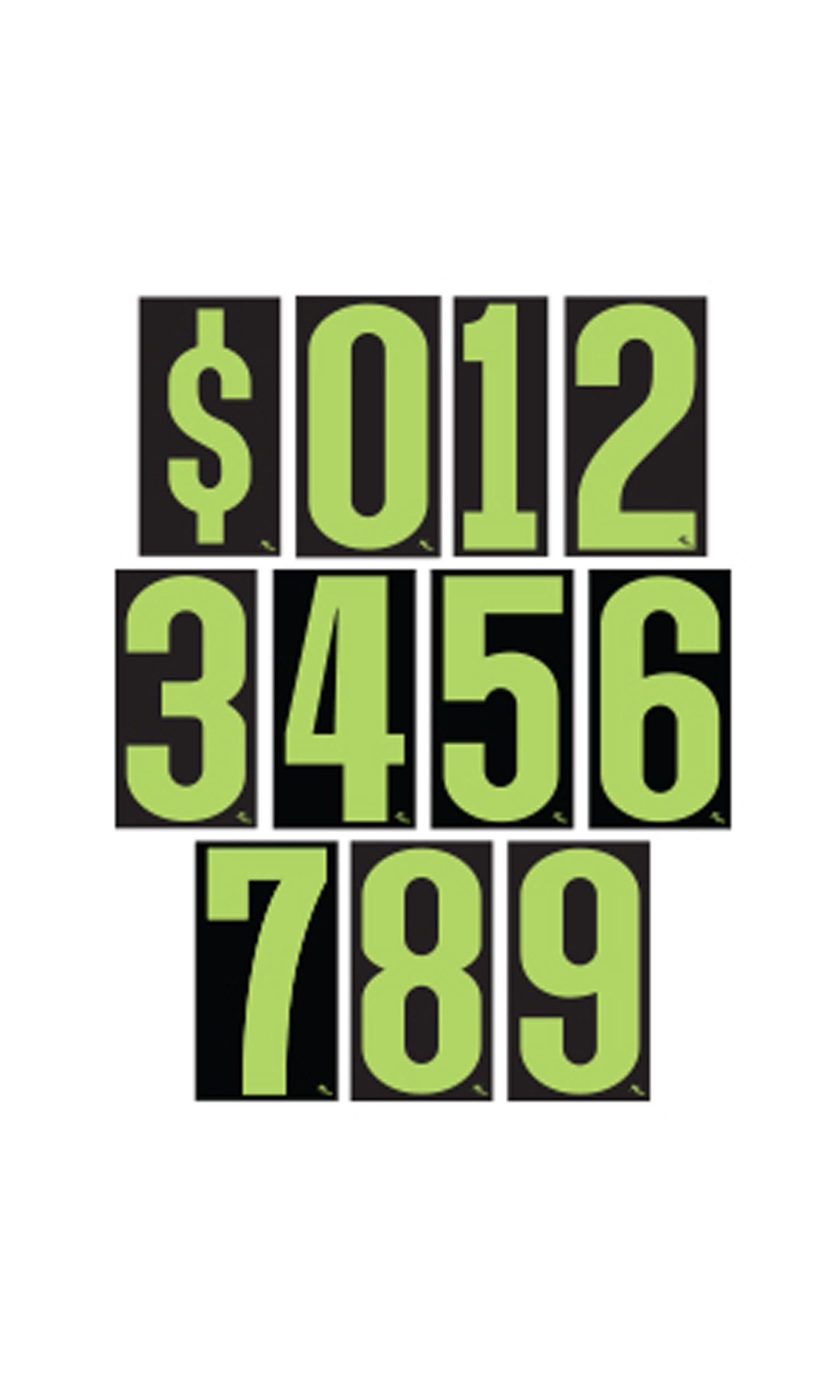 5 1/2" Windshield Number Kit - Neon Green/Black - 3ʺW x 5 1/2ʺH - Pack of 168