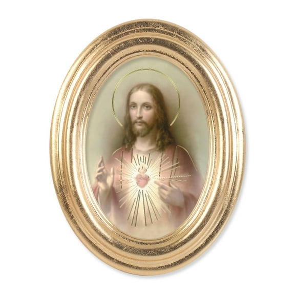 5-1/2" x 7" Oval Gold Leaf Frame with a Sacred Heart of Jesus Print
