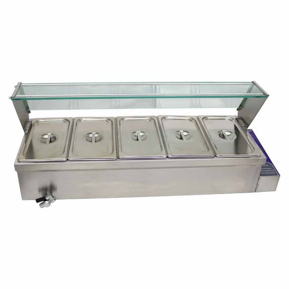 5*1/3Pans Electric Heating Food Warmer Stainless Steel Detachable Glass Frame 110V 1.5KW