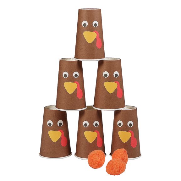 5 1/4" Thanksgiving Turkey Cup Stack Bowling Game with Stuffed Pom-Pom Balls - 9 Piece