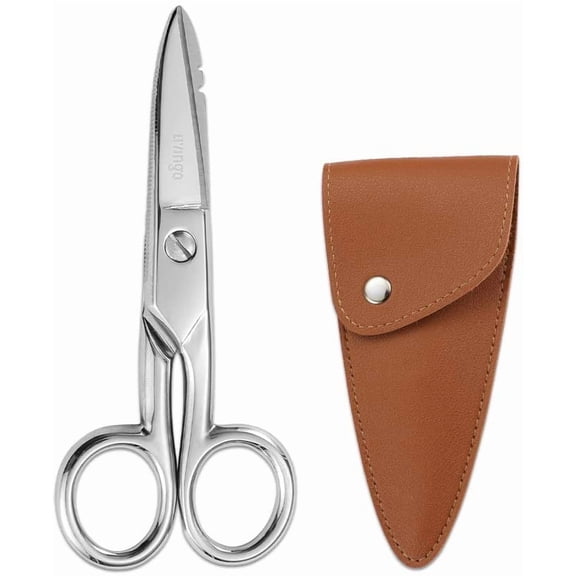 5-1/5 Inch Heavy Duty Electrician Scissors, Professional Forged Stainless Steel Electrical Shears with Notches for Industrial Stripping, Cutting Telecom Cable, Wire