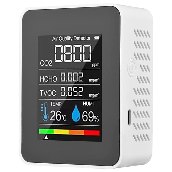 5 in 1 Air Quality Monitor TVOC HCHO Temperature Humidity CO2 Meter, USB Rechargeable CO2 Detector White,1 * Air Quality Analyzer 1 * USB Cable 1 * English manual,White