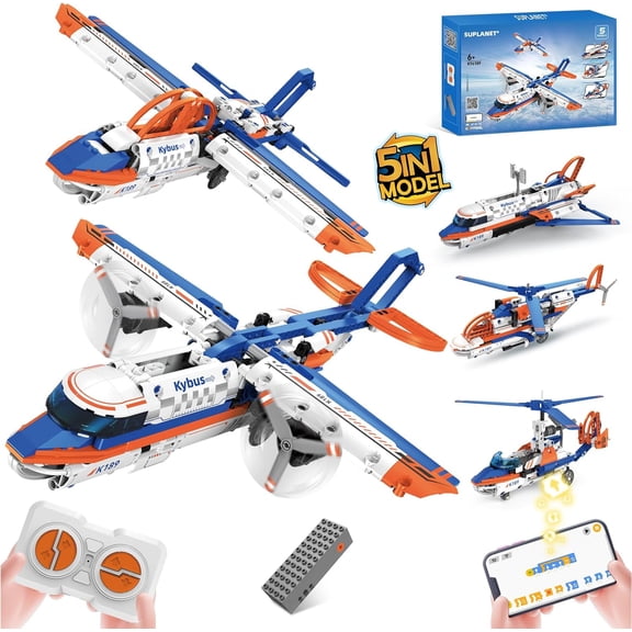 5 in 1 Airplane Building Block Set with APP & Remote Control STEM Toy,DIY Aircraft Building Kit Rechargeable Airplanes Model Toys Gifts for Boys Age 14+