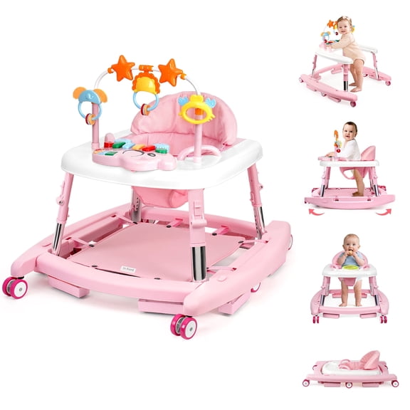 5 in 1 Anti-Rollover Foldable Baby Walker, 5 Height Adjustable Infant Activity Walker with Detachable Music Toy, Anti-Fall Safety Toddler Walking Learning Chair - Pink