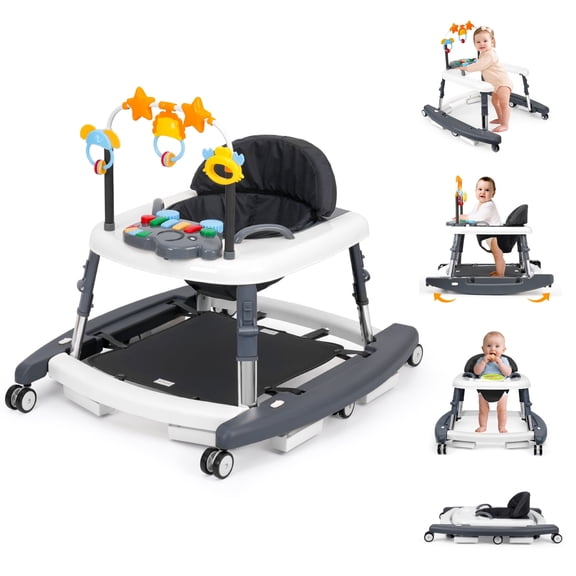 5 in 1 Anti Rollover Foldable Baby Walker, 5 Levels Height Adjustable Anti-Fall Toddler Learning Walking Chair, Detachable Musical Play Toy Infant Activity Walker - Dark Gray