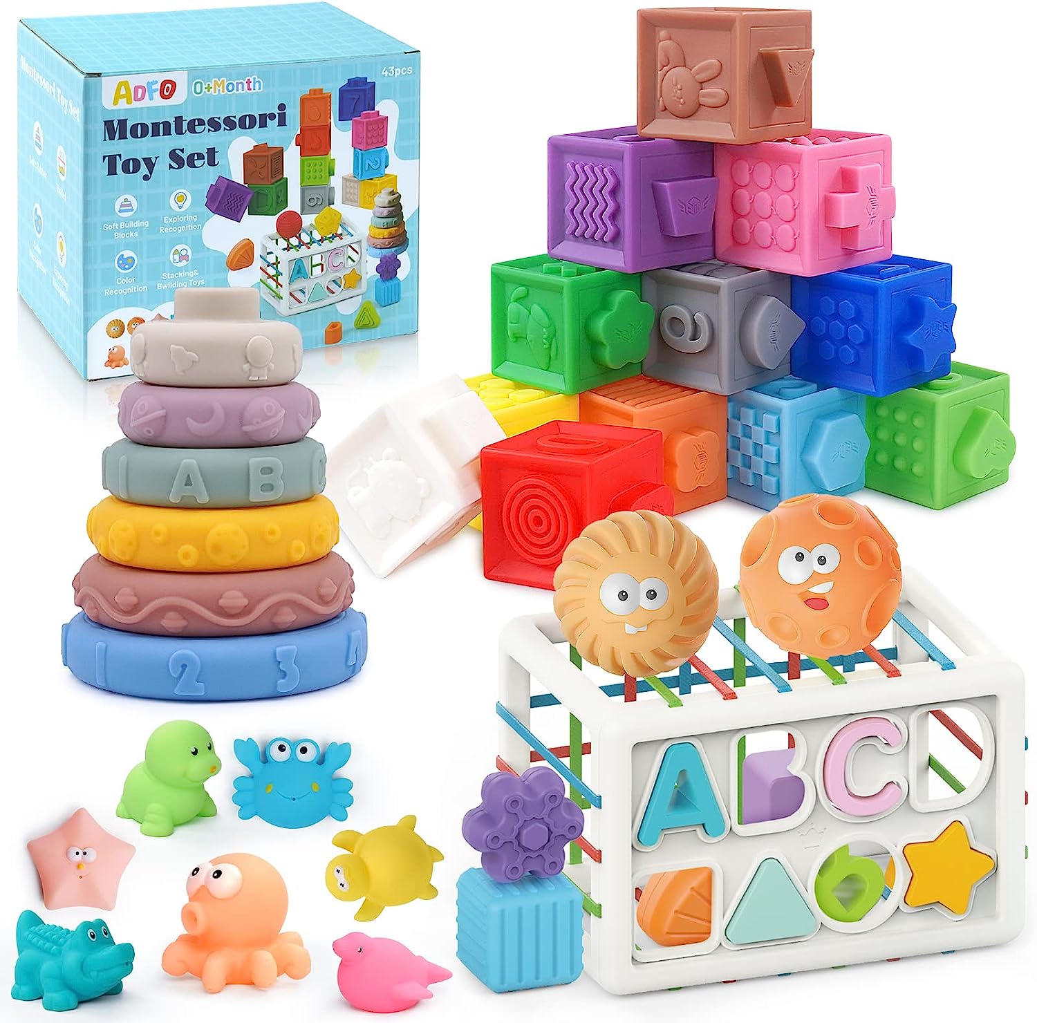 5 in 1 Baby Toys 6 to12-18 Months,Montessori Toys for Babies Toddlers,Pull  String Baby Teething Toys,Baby Blocks Toys for 1-3 Year Old,Colour Cube Bin