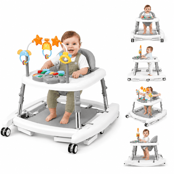 5 in 1 Baby Walker, Music and Lights Walker for Baby Boy Girls 6-18 Months, Foldable Baby Walkers with Wheels and Bouncer Combo Portable, Toddler Infant Walker with Adjustable Height,White
