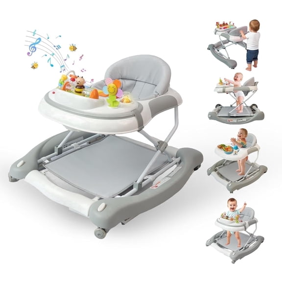 5 in 1 Baby Walker (Walk,Jumper,Rocking,Push,Eating Mode) for Boys Girls,Foldable,Music & Light,Height Adjustable,Wheels for Infant Babies,Grey