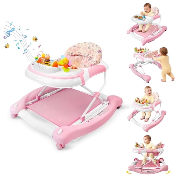 5 in 1 Baby Walker (Walk,Jumper,Rocking,Push,Eating Mode) for Boys Girls,Foldable,Music & Light,Height Adjustable,Wheel for Infant Babies,Pink Flower