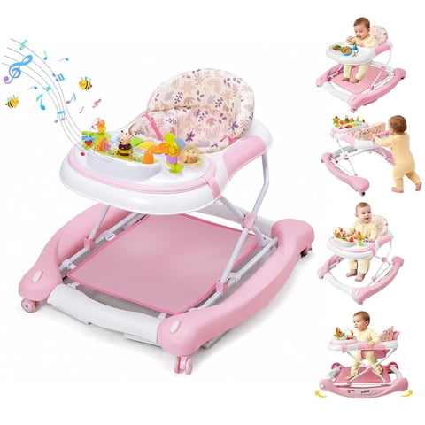 5 in 1 Baby Walker (Walk,Jumper,Rocking,Push,Bouncer) for Boys Girls,Foldable,Music & Light,Height Adjustable,Wheel for Infant Babies,Pink Flower