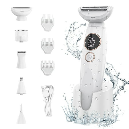 5 in 1 Bikini Trimmer for Women, IPX7 Waterproof Wet & Dry Electric Razors for Women with Charge Dock, Womens Electric Shaver for Bikini Underarm Body Face