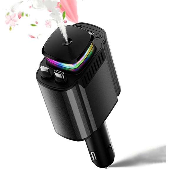 5 in 1 Car Charger Retractable, 120W Fast Charging USB-C Car Adapter with Dual Retractable Cables, Aroma Diffuser & Ambient Light for iPhone 16/15/14 and Android