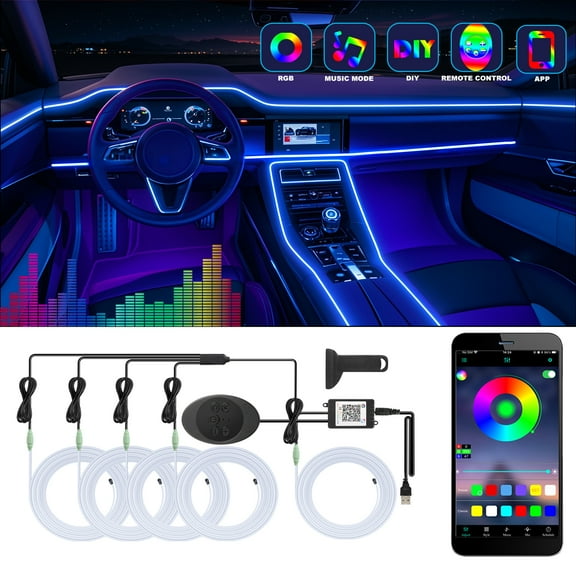 5 in 1 Car Led Strip Lights with App Control, RGB Colors Interior Car Lights, Ambient Led Lighting Kit, 4 Light Flashing Modes, USB Neon Accessories for Doors, Center Console