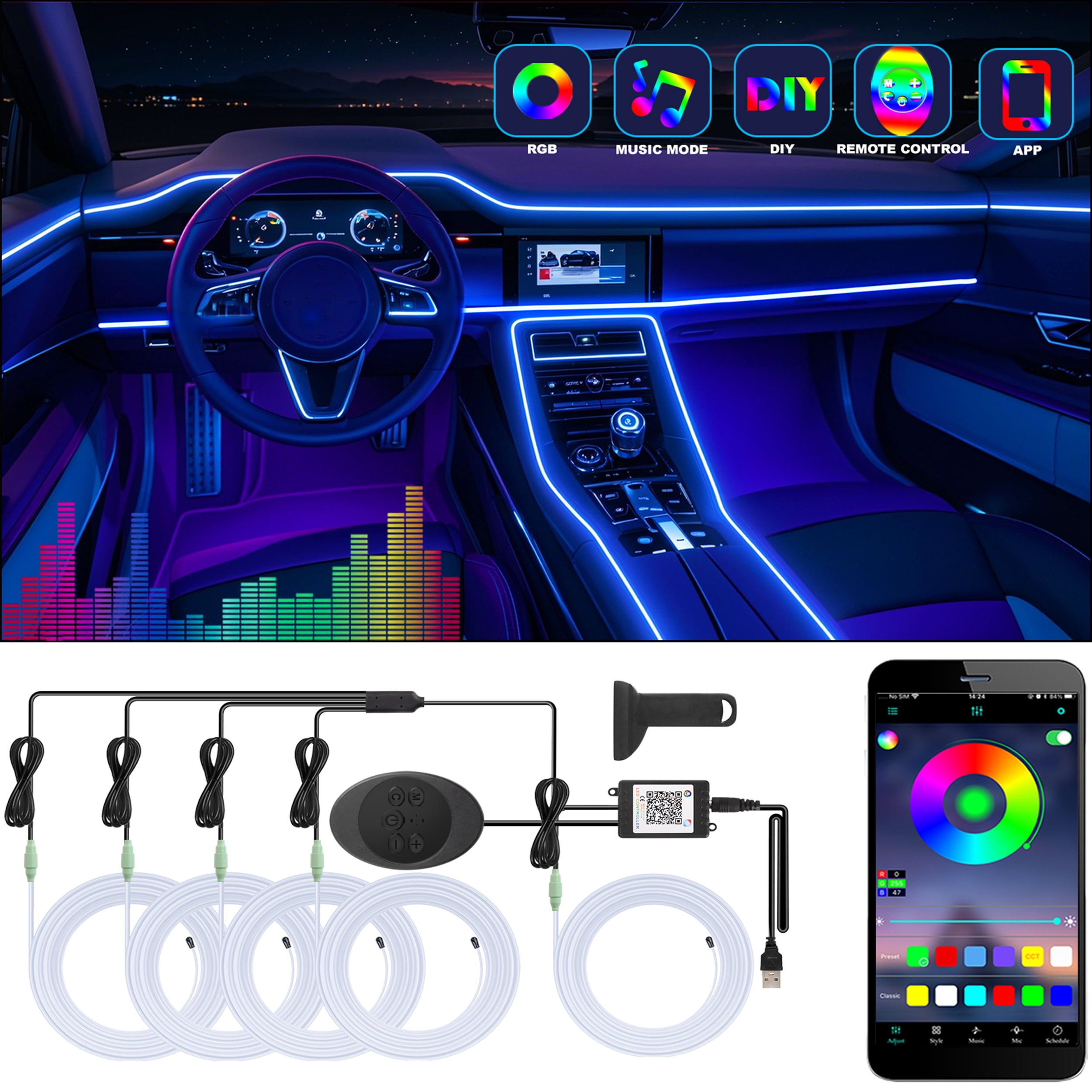5 in 1 Car Led Strip Lights with App Control, RGB Colors Interior Car Lights, Ambient Led Lighting Kit, 4 Light Flashing Modes, USB Neon Accessories for Doors, Center Console