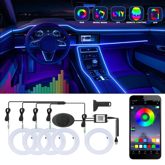 5 in 1 Car Led Strip Lights with App Control, RGB Colors Interior Car Lights, Ambient Led Lighting Kit, 4 Light Flashing Modes, USB Neon Accessories for Doors, Center Console