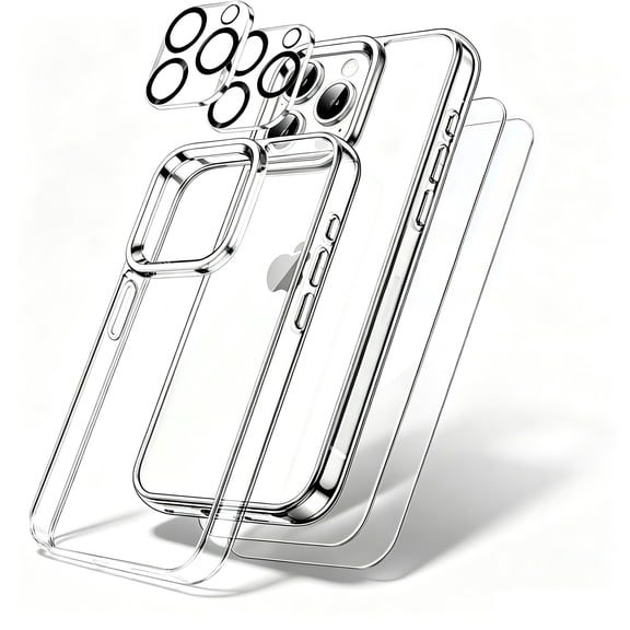 5 in 1 Case for iPhone 15 Pro 6.1-Inch with 2-Pack Each Tempered Glass Screen Protector and Camera Lens Protector, Non-Yellowing Shockproof Bumper Phone Cover (Clear)