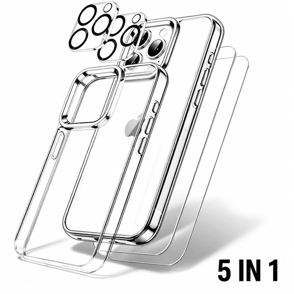 5 in 1 Case for iPhone 15 Pro 6.1-Inch with 2-Pack Each Tempered Glass Screen Protector and Camera Lens Protector, Non-Yellowing Shockproof Bumper Phone Cover (Clear)