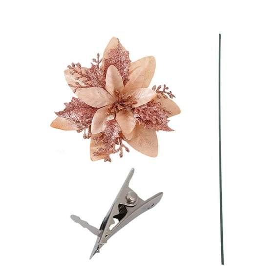 5.1" Christmas Glitter Artificial Poinsettia Flowers Xmas Poinsettia Artificial Wedding Flowers Decor Xmas Tree Ornaments with Clips for Party Favors & Wedding Party Wreath Decor, 24Set Rose Gold