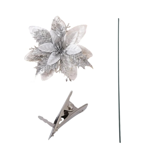 5.1" Christmas Glitter Artificial Poinsettia Flowers Xmas Poinsettia Artificial Wedding Flowers Decorations Xmas Tree Ornaments with Clips for Party Favors & Wedding Party Wreath Decor, 6Set Silver
