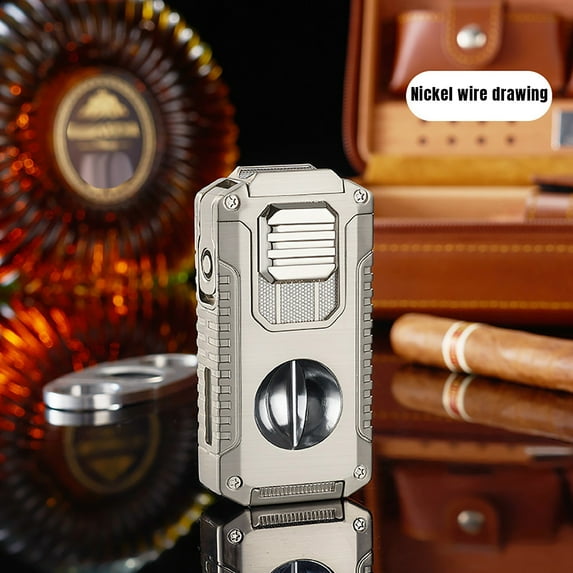 5 in 1 Cigar Lighter with Cigar Cutter V Cut, Cigar Punch, Cigar Draw Enhancer, Cigar Holder, Refillable Butane Torch Lighter Gift for Men, Windproof Triple Jet Flame Lighter for Smoking