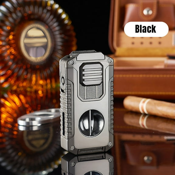 5 in 1 Cigar Lighter with Cigar Cutter V Cut, Cigar Punch, Cigar Draw Enhancer, Cigar Holder, Refillable Butane Torch Lighter Gift for Men, Windproof Triple Jet Flame Lighter for Smoking