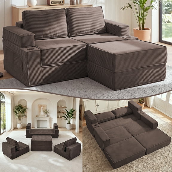 5 in 1 Convertible Futon Sofa Bed, Dolonm Corduroy Boneless Couch with Cup Holders & Pocket, Modular L-Shaped Couch with Removable Ottoman for Living Room Small Spaces Apartment, No Assembly, Brown