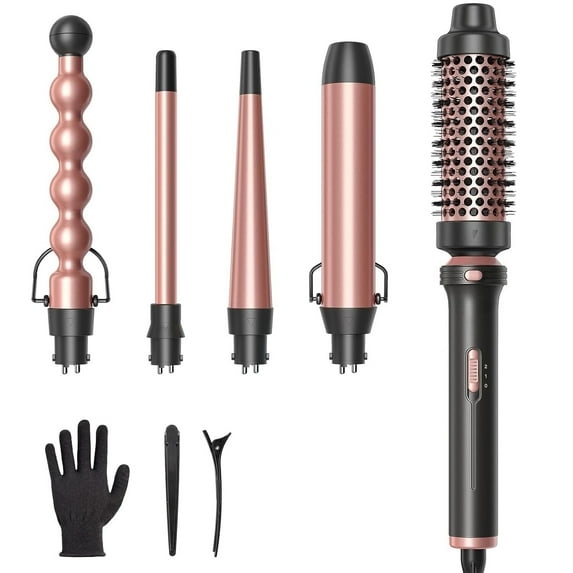 5 in 1 Curling Iron,Curling Wand Set with Curling Brush and 4 Interchangeable Ceramic Curling Wand(0.5”-1.25”),Instant Heat Up,Include Heat Protective Glove & 2 Clips