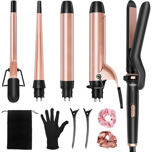 5 in 1 Curling Iron with Interchangeable Ceramic Barrels (0.35"-1.25"), Wand Set Flat Hair Straightener, Instant Heat Up, Dual Voltage Curler, Gifts for Women