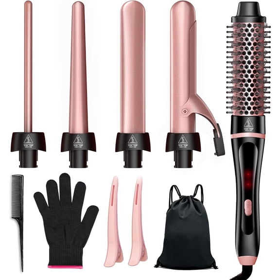 5 in 1 Curling Iron & Thermal Brush Set with 4 Interchangeable Ceramic (0.35"-1.25") Heat Dual Travel Hair Tools Birthday for Women - Hair Curler Wand Kit for Curls & Blowout