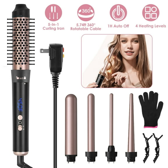 5 in 1 Curling Iron, iMounTEK Curling Wand Set with Curling Brush and 4 Interchangeable Curling Wand, 4 Heating Levels, 360° Rotatable Cable, ALCI Plug