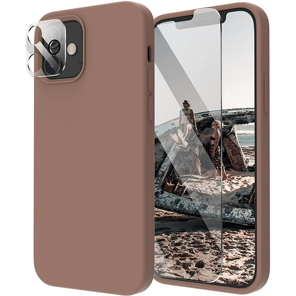 [5 in 1] Designed for iPhone 12 Case, for iPhone 12 Pro Case, with 2 Screen Protectors + 2 Camera Lens Protectors, Shockproof Silicone Case with Microfiber Lining, Light Brown