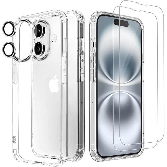 [5 in 1 Designed for iPhone 16plus Clear Case with Screen Protector[2 Pack] +Camera Lens Protector[2 Pack], Military Grade Drop Protection Transparent Cover 6.7 Inch