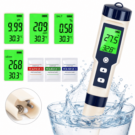 5 In 1 Digital Water Quality Tester Meter PH TDS EC Salinity Temperature Tester Pen With Backlit Display ATC Waterproof Portable Water Testing Tool For Aquarium Pool Drinking Water Hydroponics