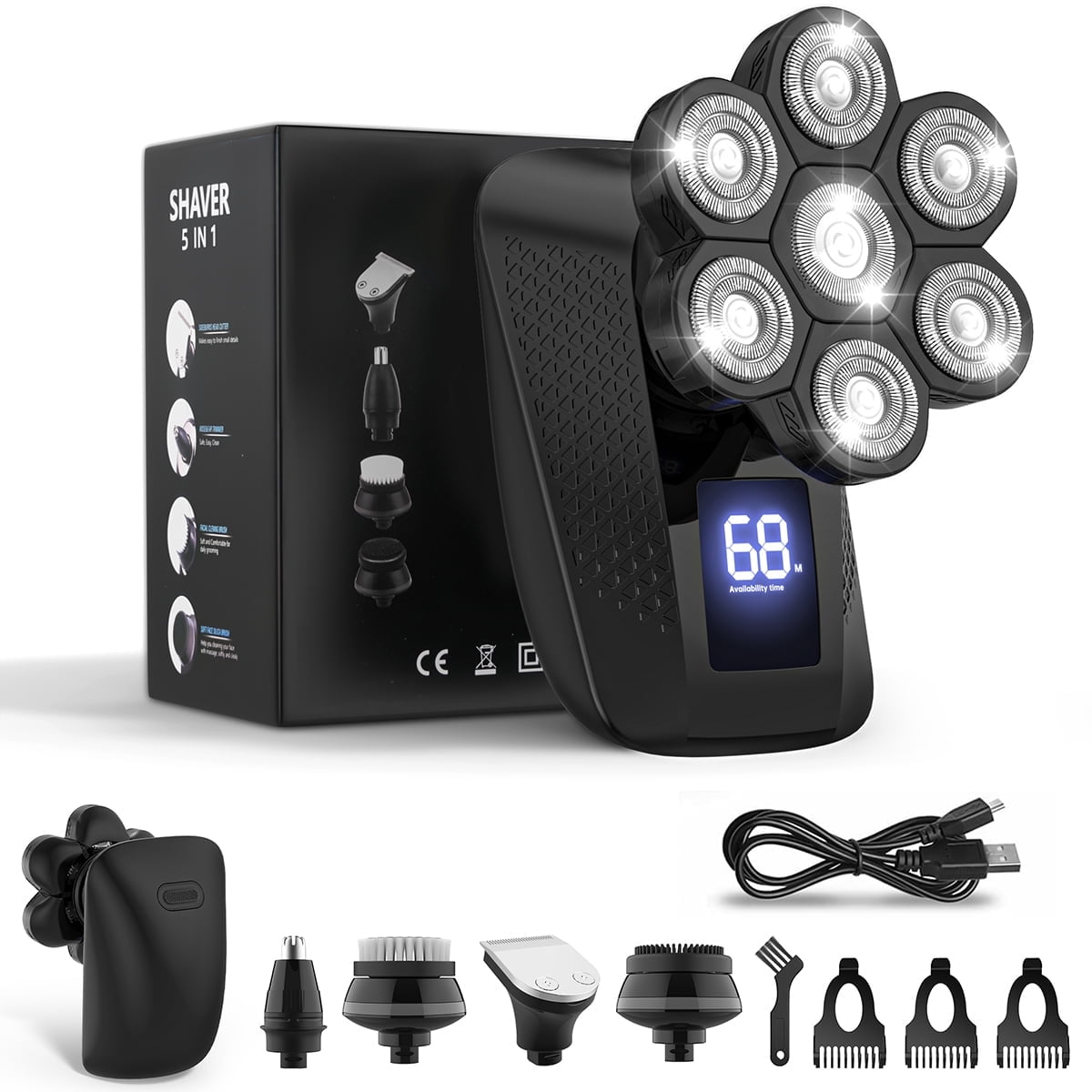5 in 1 Electric Head Shaver for Bald Men, 8D Elctric Shaver Cordless Razor W/ with Nose Hair Sideburns Trimmer, IPX7 Waterproof Wet/Dry Mens Grooming Kit, Anti-Pinch, LED Display, USB Rechargeable
