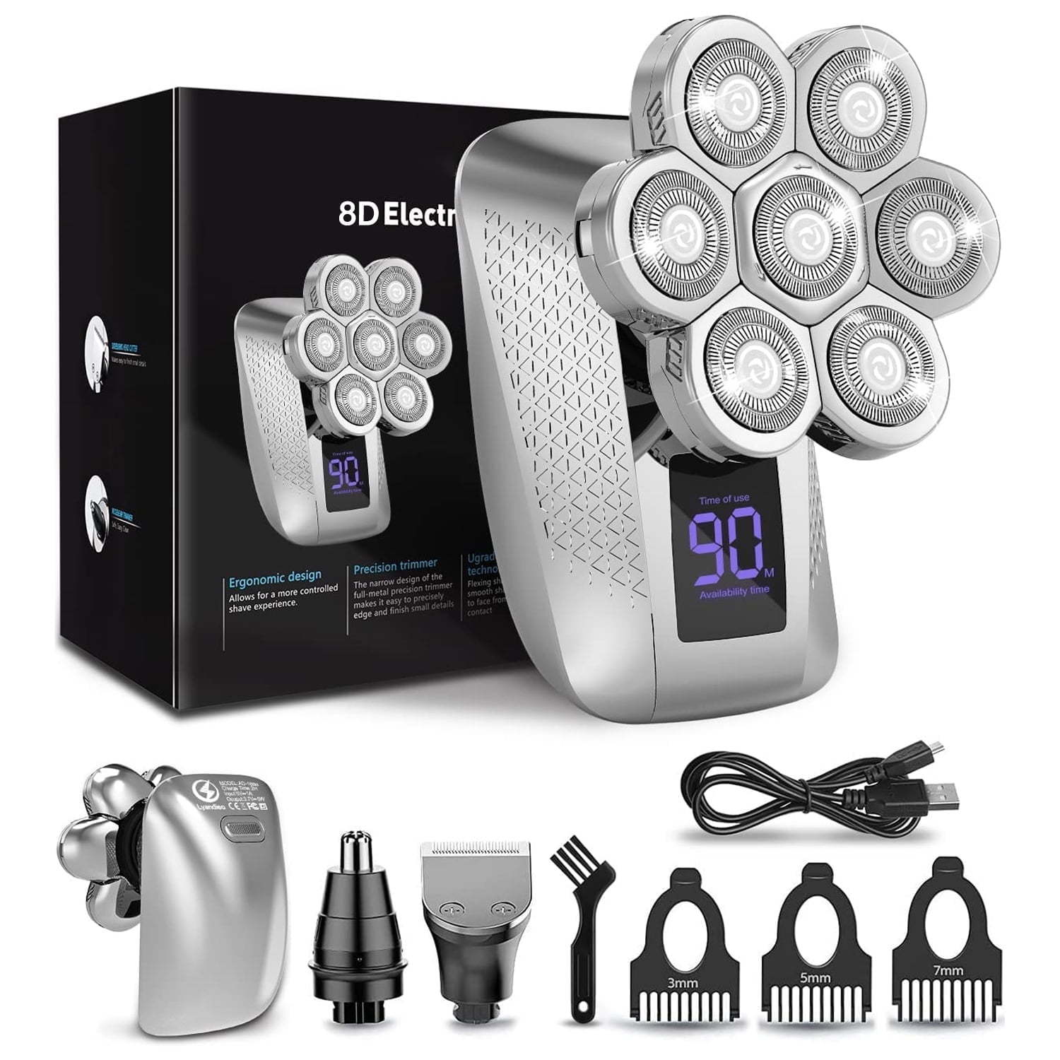 5 in 1 Electric Head Shaver for Bald Men, 8D Elctric Shaver Cordless Razor W/ with Nose Hair Sideburns Trimmer, IPX7 Waterproof Wet/Dry Mens Grooming Kit, Anti-Pinch, LED Display, USB Rechargeable