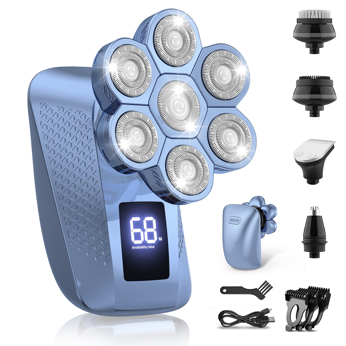 Head Shavers for Bald Men, 7D Electric Shaver Razor with Nose Hair Sideburns Trimmer, IPX7 Waterproof Wet/Dry LED Display Rechargeable Rotary Shaver 5 in 1 Grooming Kit